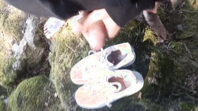 Boy jerks off cums in shoes into dirty muddy smelly Nike Air Force One AF1 sneakers foot feet fetish