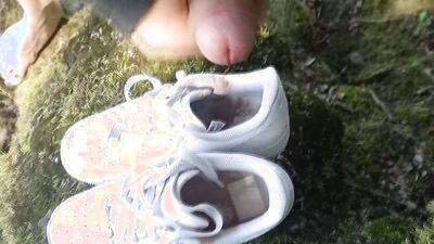 Boy jerks off cums in shoes into dirty muddy smelly Nike Air Force One AF1 sneakers foot feet fetish