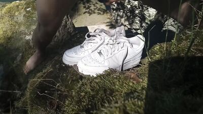Boy jerks off cums in shoes into dirty muddy smelly Nike Air Force One AF1 sneakers foot feet fetish
