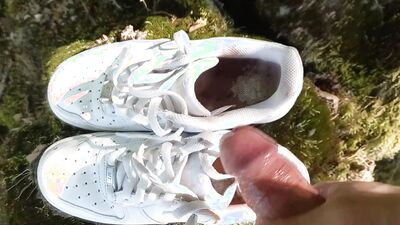 Boy jerks off cums in shoes into dirty muddy smelly Nike Air Force One AF1 sneakers foot feet fetish