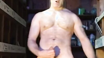 Bald hunk Hook Scott anal rides dildo while solo masturbation