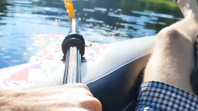 Guy on a boat in the wild masturbates dick and cums powerfully