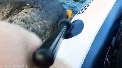 Guy on a boat in the wild masturbates dick and cums powerfully