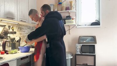 Stepdad fucked his stepson in the kitchen