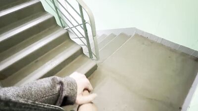 4K POV Two loads in one condom. Jerking off on a stairwell wearing grey sweatpants