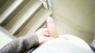 4K POV Two loads in one condom. Jerking off on a stairwell wearing grey sweatpants