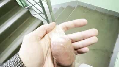 4K POV Two loads in one condom. Jerking off on a stairwell wearing grey sweatpants