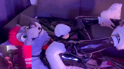 Latex puppy in Fursuit gets used on the sofa very hard ( XL Toys and Fisting) - Double Pov