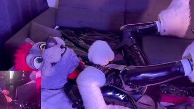 Latex puppy in Fursuit gets used on the sofa very hard ( XL Toys and Fisting) - Double Pov