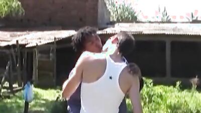 Young Euro gays fucking black cock in outdoor threesome