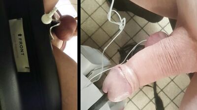 Electro-stimulation with big ball rod seen from above in zoom POV with ejaculation on camera