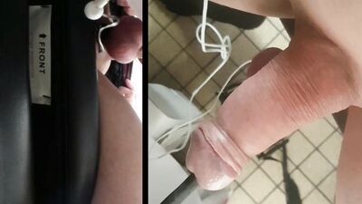 Electro-stimulation with big ball rod seen from above in zoom POV with ejaculation on camera