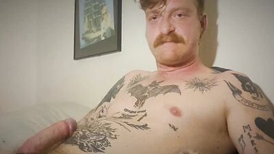 Hot tattoed redhead daddy jerks off and uses fleshligt