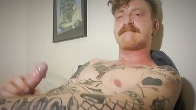 Hot tattoed redhead daddy jerks off and uses fleshligt