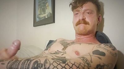 Hot tattoed redhead daddy jerks off and uses fleshligt