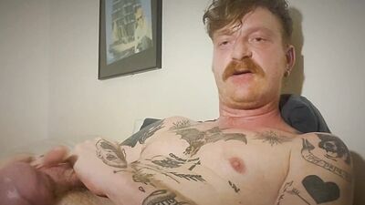 Hot tattoed redhead daddy jerks off and uses fleshligt