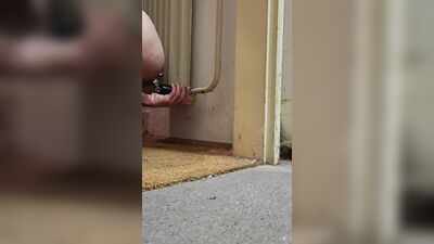 Anal chastity buttplug chained to the radiator with ice lock