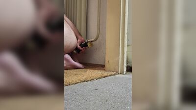 Anal chastity buttplug chained to the radiator with ice lock