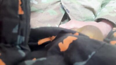 Army soldier in uniform Starts off jerking standing up, then lays down to shoot a creamy load!