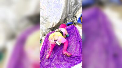 Dirty sluts Sissy fucks herself in the slime bath with a monster dildo