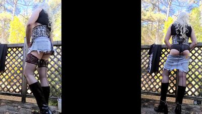 Big fake tits crossdresser short skirt corset photoshoot masturbation