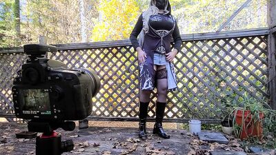 Big fake tits crossdresser short skirt corset photoshoot masturbation