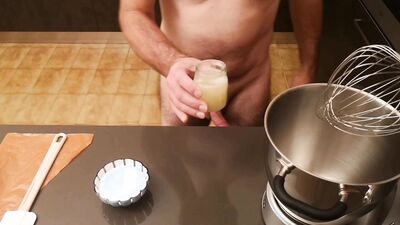 Cicci77 masturbates Pedro to produce the missing sperm and then prepares the batch of "all sperm 45" meringues for his fans