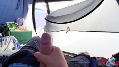 johnholmesjunior shooting huge cum load with open tent door slow motion