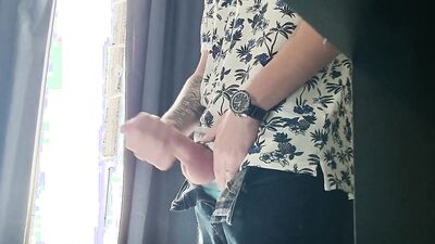 johnholmesjunior in open window solo show with huge pre cum and massive cum load neighbours watch