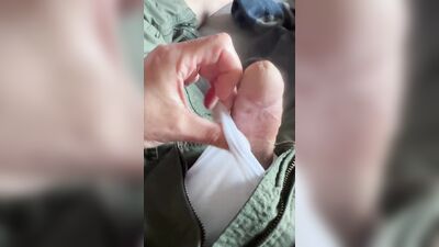 Horny before my flight decide to jerk off in my flight suit and shoot a creamy load in my white briefs - wet with precum lube