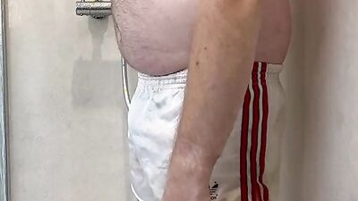 Showering in my sexy old adidas white Liverpool nylon football shorts from the 80's