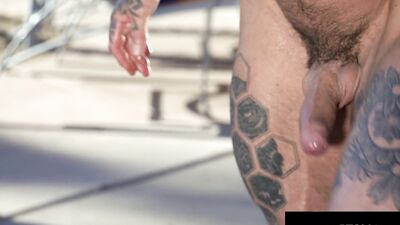 Beefy Stud Blows Massive Load While Being Railed By Hunk