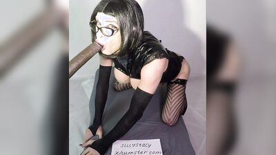 Sissy Stacy show how to suck BBC and ride huge dildo