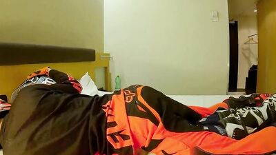 Hard Fucking my boyfriend, cum in his hole while he jerks on my MX boots