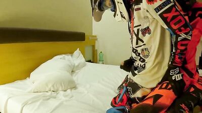 Hard Fucking my boyfriend, cum in his hole while he jerks on my MX boots