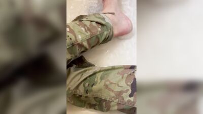 First piss-pee video! Watch while army specialist gets in a tub in uniform and begins to wet himself!