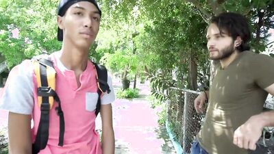 Cock hungry gay Latino is riding horny stranger's hard wood