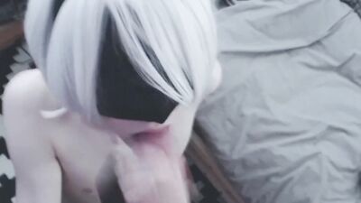 Blindfolded femboy is sucking lad's hard dong in this POV video