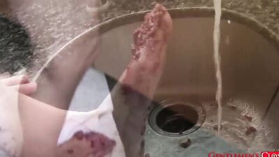 Man in sheer sox fucks and cums on raspberry pie solo