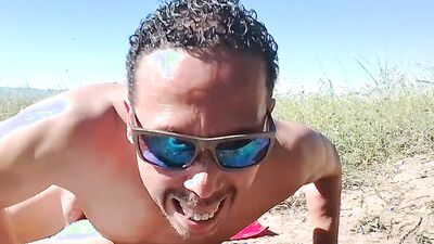 Muscular guy public masturbation at a popular park. People passing by...interrupting him! RISKY!!!