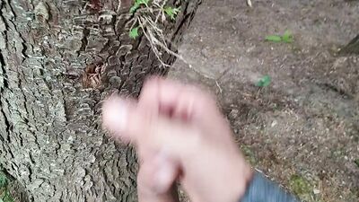 Exhibitionist Walks Naked, Rubs His Big Dick with the Tree, and His Sperm Comes Out Slowly