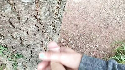 Exhibitionist Walks Naked, Rubs His Big Dick with the Tree, and His Sperm Comes Out Slowly
