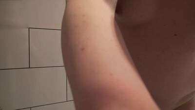 Peeing on my shaved body in public shower. Golden Shower naked watersports in adult cinema Tobi00815