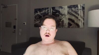 Hairy cub edging and playing with nipples in hotel room while jerking on cam with buddy and sprays big load and cumshot