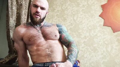 Bald hunk jerks off his dick in front of your face