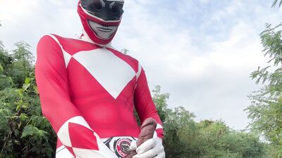 Power Ranger wanking outdoor.