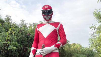 Power Ranger wanking outdoor.
