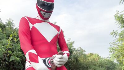 Power Ranger wanking outdoor.