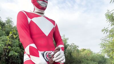 Power Ranger wanking outdoor.