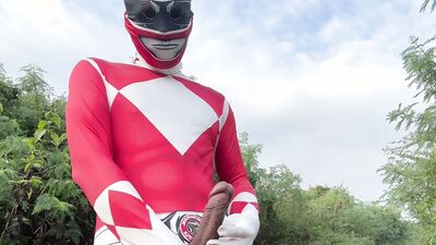 Power Ranger wanking outdoor.